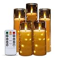 IMAGE Flickering Flameless Candles Battery Operated, Acrylic Shell Pillar 3D Wick LED Candles with 11-Key Remote Control Timer for Wedding Christmas Home Decor Set of 5,Grey