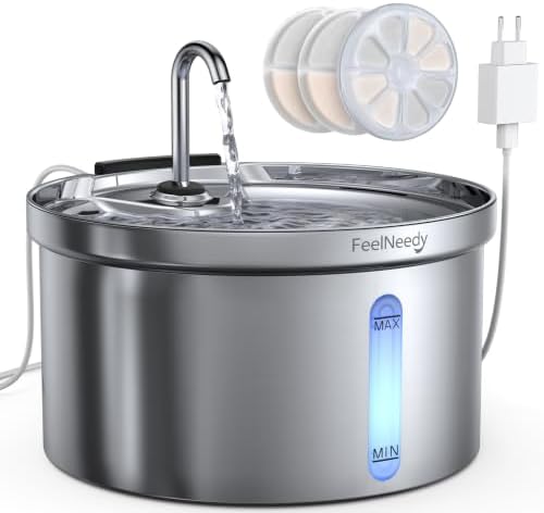 FEELNEEDY Katzenbrunnen Edelstahl 3,5L Trinkbrunnen für Katze | Super Leise Katzentrinkbrunnen Wasserbrunnen-Katzen Springbrunnen, mit 3 Filters und USB Ladegerät (Brunnen-Edelstah