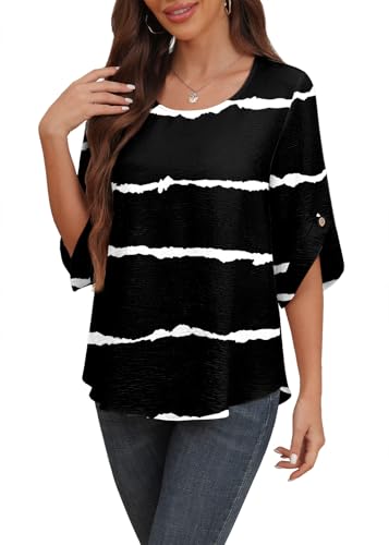 Askyes Womens Short Sleeves Chiffon Blouses Casual Summer Beach Outdoors Work Blouse Shirts for Work,Black Stripe,L