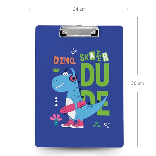 Image of Clipboard Drawing, Writing, Exam Board with Clip (Size - 24x36 cm) Sturdy, Lightweight for Office, School, College - Blue Dino