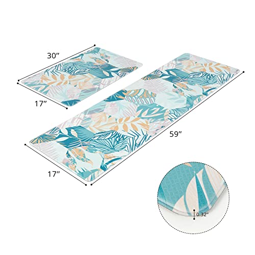 Kitchen Rugs 2 Piece Anti Fatigue Kitchen Floor Mats Pvc Non Slip Waterproof Easy To Clean Kitchen Mats Set Floral Leaves Comfort Standing Kitchen Carpet (17.5"×30"+17.5"×59") #TOP1