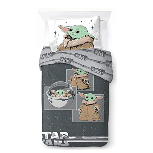 Jay Franco Star Wars Mandalorian Curious Child Juego de Ropa de Cama Infantil 100% Algodón 135 x 200 cm Tamaño Cama Individual - Funda Nórdica + Funda de Almohada 50 x 70 cm