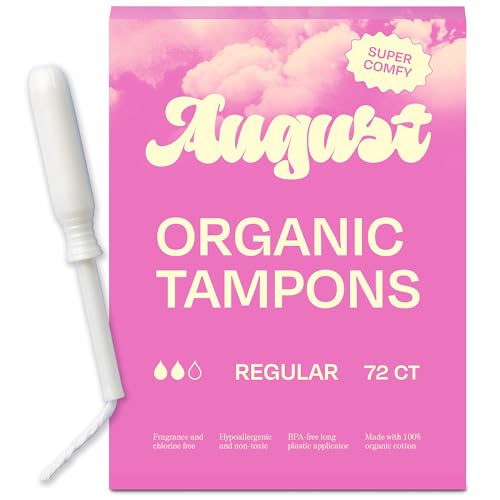 August Regular Tampons - 72-Pack 100% Organic Cotton Tampons for Women and Anyone Who Menstruates, Non-Toxic, Fragrance-Free, and Hypoallergenic with Long Applicators (3 Boxes of 24)