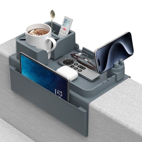 Couch Arm Cup Holder CLESOO Couch Arm Tray Anti-Slip Couch Cup Holder Silicone Sofa Armrest Tray Dual Side Pocket Couch Drink Holder Sofa Caddy Arm Remote Holder Snack Caddy with Phone Holder Blue
