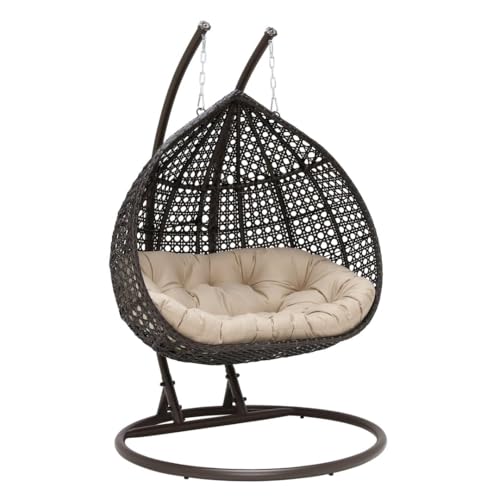 Image of Double Seater Hammock Swing Chair with Stand & Cushion | Heavy Duty Powder Coated Steel Frame | Outdoor Indoor Hanging Swing for Patio Balcony Garden Terrace Living Room (Brown-Light.BEDGE)