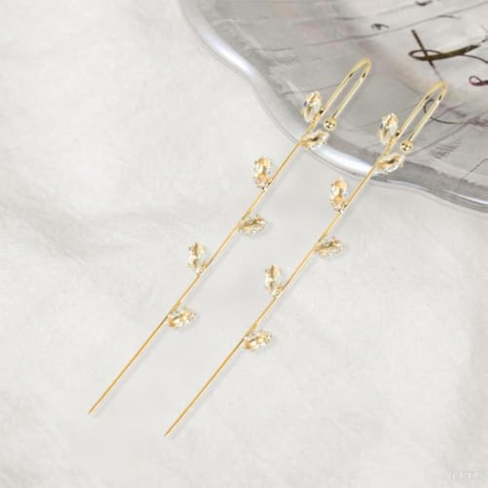Women's Gold Crystals Needle Earcuff Earrings, 2 Pcs