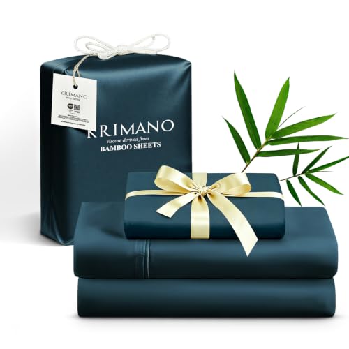 KRIMANO Twin Size Sheet Set Viscose Bamboo Sheets for Bed Set 3pcs 100% Viscose Derived from Bamboo Hotel Luxury Silky & Cooling for Hot Sleepers Deep Pocket Up to 17 Navy Blue