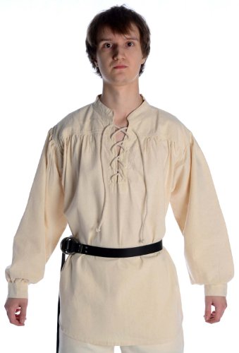 HEMAD Camisa de algodón Medieval para Hombres - Cuello Alto y Cordones Delanteros – S Beige