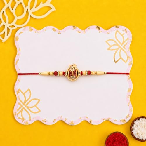 Image of Oblivion Rakhi with Chocolate for Brother - Golden Color OM Damru Design Rakhi with Choco Beats Chocolate (32g) with Silver Color Pooja Coin, Greeting Card & Tilak Set - Tradtional Raksha Bandhan Combo