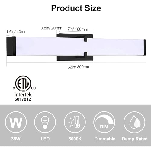 Image of 32 Inch LED Bathroom Vanity Light Cool White 5000K Black Modern Matte Bathroom Lighting Fixtures; Equivalent to Incandescent 300W for Over Mirror Vanity Light - ETL Certificated (1 Pack)