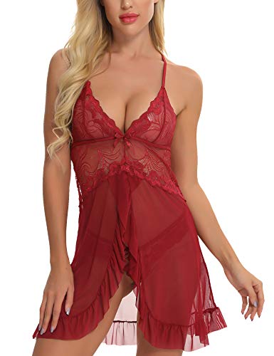 MiiKARE Brumoco Women Sexy Lingerie Lace Babydoll Nightdress Mesh Chemise V Neck Sleepwear Wine Red-XX Large