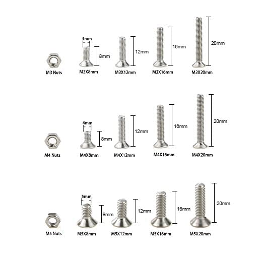 Hilitchi 460-Piece Metric M3 M4 M5 Hex Socket Flat Head Countersunk Bolts Screw Nut Assortment Kit - 304 Stainless Steel