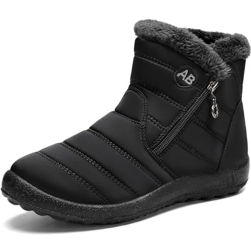 AWZFPC Mens Winter Snow Boots Water-Resistant Ankle Boots Fur Lined Warm Walking Boots Outdoor Anti-Slip Side Zipper Hiking Shoes Fashion Comfortable Mid Calf Shoes All_Black Size 8