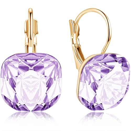 JIMARIN Sparkly Crystal Square Leverback Earrings Rhinestone Geometry Dangle Drop Earrings For Women Brides Bridesmaids Weddings (Purple)