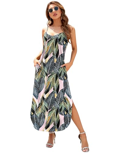 Image of HUSKARY Women's Summer Casual Sleeveless V Neck Strappy Split Loose Dress Beach Cover Up Long Cami Maxi Dresses with Pocket