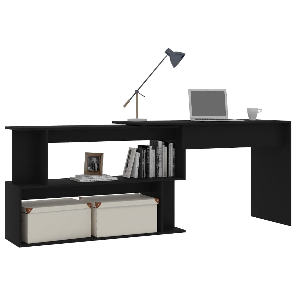Scrivania angolare in legno nero, 200 x 50 x 76 cm, girevole con scomparti aperti, scrivania da ufficio per casa e studenti, tavolo da lavoro compatto, scrivania per computer moderna per