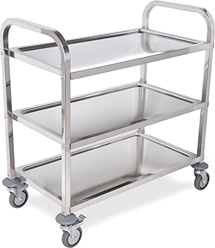 Carlisle FoodService Products Utility Cart Wheeled Cart with 3 Shelves for Office, Restaurant, Hotel, and Hospital, Stainless Steel, 33.4 x 15.6 Inches, Gray