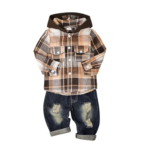 Image of Toddler Baby Boy Fall Winter Clothes Long Sleeve Plaid Hooded Sweatshirt Ripped Holes Jeans Set 1-5 Years Old
