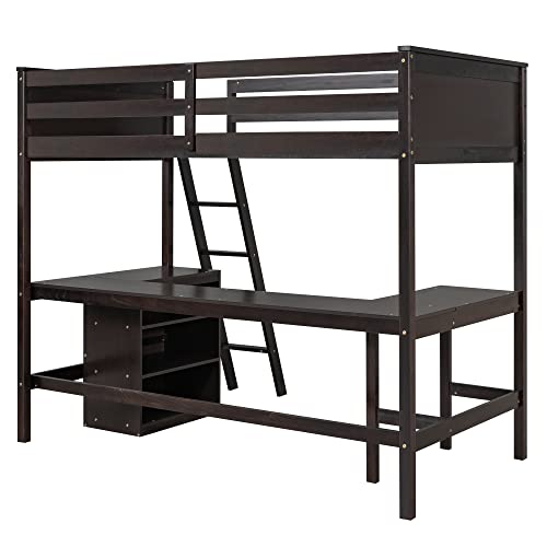 Biadnbz Wooden Twin Size Loft Bed With Shelves And Desk For Kids,Teens,Bedroom,Espresso #TOP4