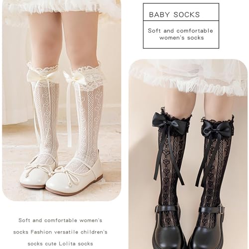 Girls Stockings Bowknot Ribbon Sweet Thigh High Stockings Socks for Little Girl Student Ruffle Knee Socks3
