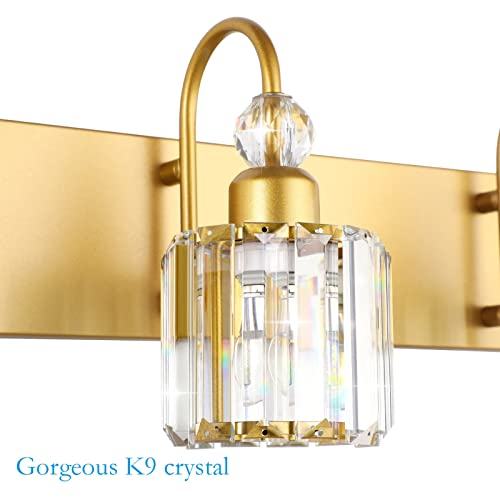 Image of Ralbay Gold Bathroom Vanity Lights 3-Lights Gold Crystal Vanity Lights Over Mirror Modern Crystal Bathroom Vanity Lighting Fixtures