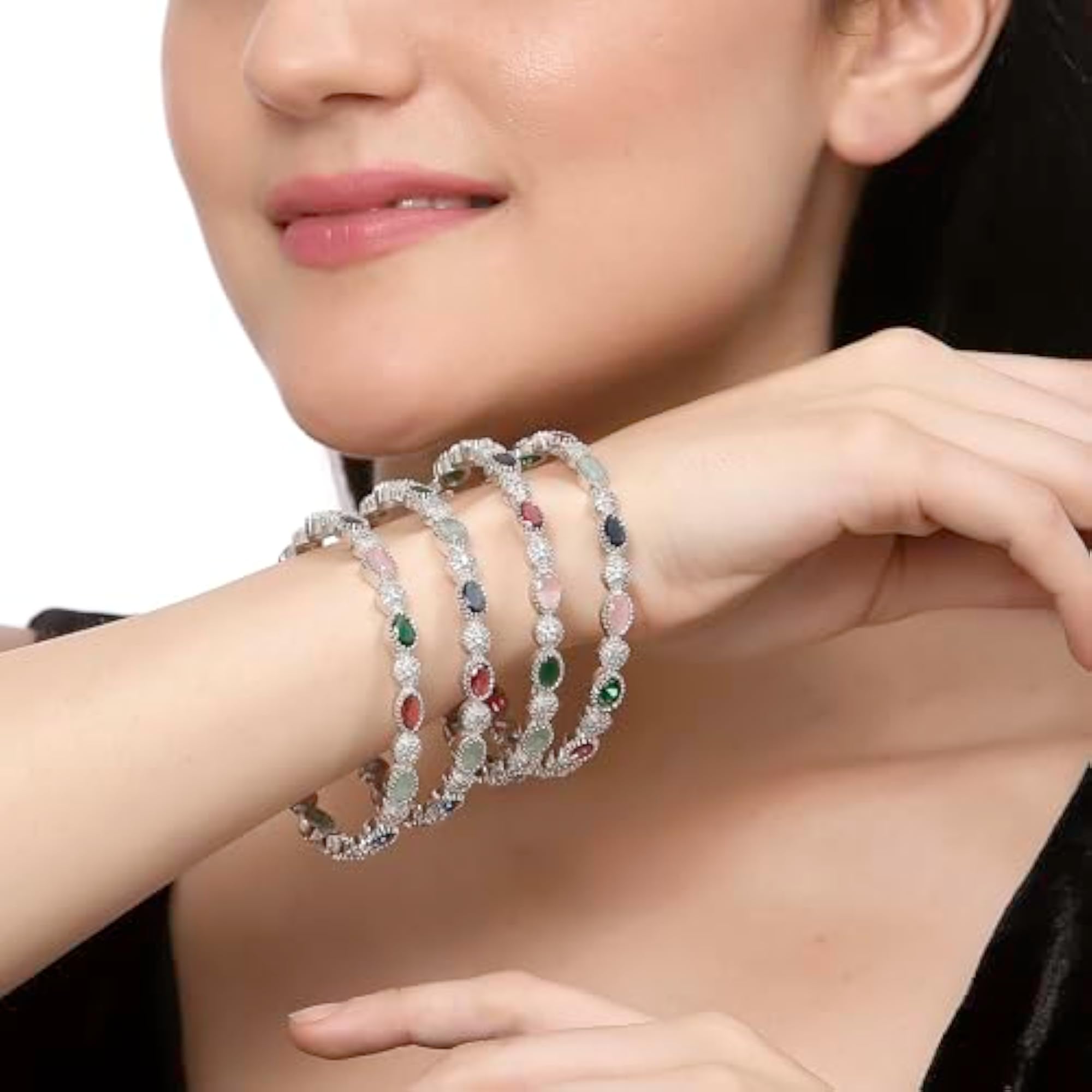 Rhodium-Plated American Diamond Bangles Set of 4 (2.6)