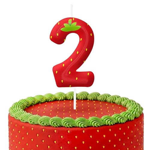 Strawberry Birthday Candles, Fruit Birthday Cake Candles for Girls Boys, Strawberry Shortcake or Red Cake Topper for Theme Party Decorations, Birthday Cake Decorations for Pet Party Supplies Number 2