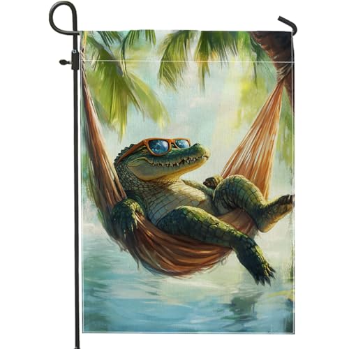 Charming Summer Alligator Garden Flag, Colorful Tropical Hammock Decor Flag, Double-Sided Burlap Yard Flag for Outdoor Lawn Decoration 12x18 Inch