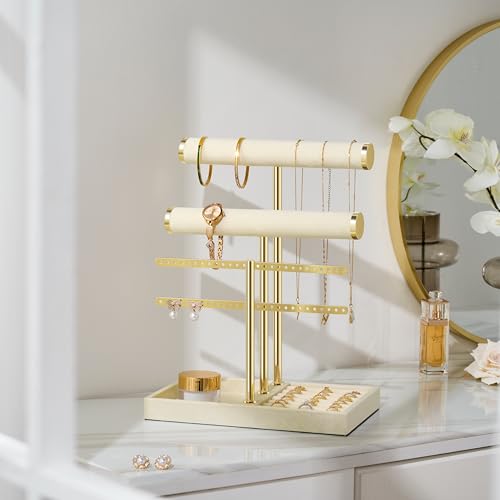 Image of Jewelry Organizer Stand for Necklaces, Bracelets, Earrings, Rings, Beige | 3 Tier Velvet Bracelet Holder Display | Jewelry Organizers and Storage | Jewelry Tree | Jewelry Towers
