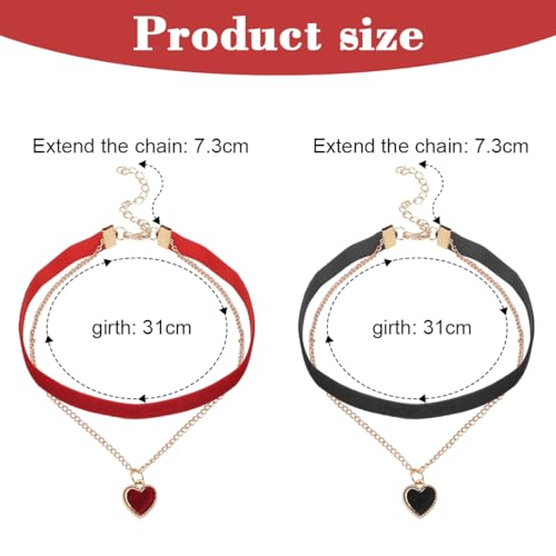 Montrestar 2 Stück Choker Kette Damen Schwarz Rot, Herz Halsband Velvet Verstellbare, Samt Chocker Kette Halskette Schmuck für Damen Mädchen Party Cosplay Halloween Deko und Geschenke