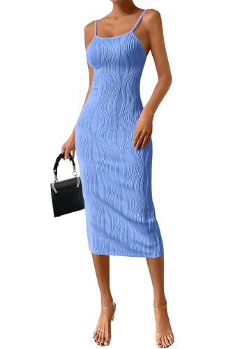 PRETTYGARDEN Women's 2025 Summer Sleeveless Bodycon Dress Textured Back Slit Sexy Cocktail Party Midi Dresses (Light Blue,Small)
