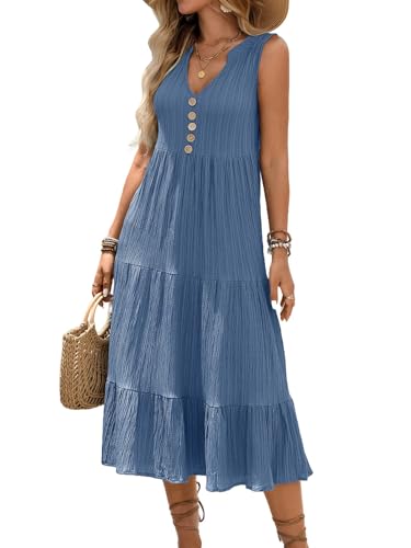 Image of HELYO Women's Casual Summer Dress 2026 Sleeveless V Neck Button Beach Sundress Tiered Ruffle Flows Skirt Midi Dresses