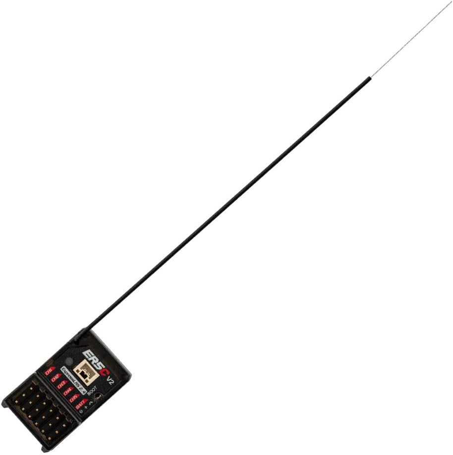 RadioMaster ER5C-V2 ExpressLRS PWM Receiver with its long antenna fully extended.