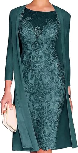WEEOUR Elegant Mother of The Bride Dresses Midi Length 2 Piece with Sleeves Chiffon Lace Wedding Guest Groom Mother Gown