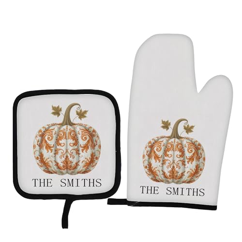 Custom Oven Mitts and Potholders Personalized Oven Mitts Set with Name Quilted Terry Cloth Cotton Lining Heat Resistant (Pumpkin)