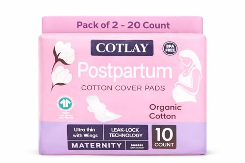Postpartum Pads with Wings 20 Count – Organic Cotton Maternity Pads, Extra Long Overnight...