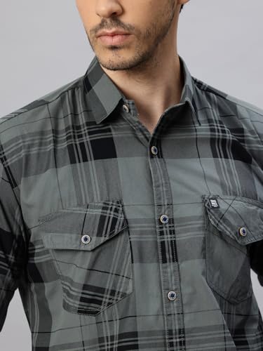 Image of Majestic Man Men's Pure Cotton Cargo Checks Shirt with Dual Flap Pockets - Slim Fit | Full Sleeve | Casual Wear | Trendy & Comfortable