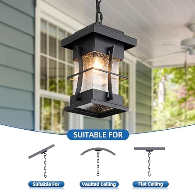 Motion Outdoor Pendant Light Fixture with Dusk to Dawn Sensor Exterior Hanging Lantern with Adjustable Chain Black with Seeded Glass Outside Lights for House Patio Front Porch Lighting