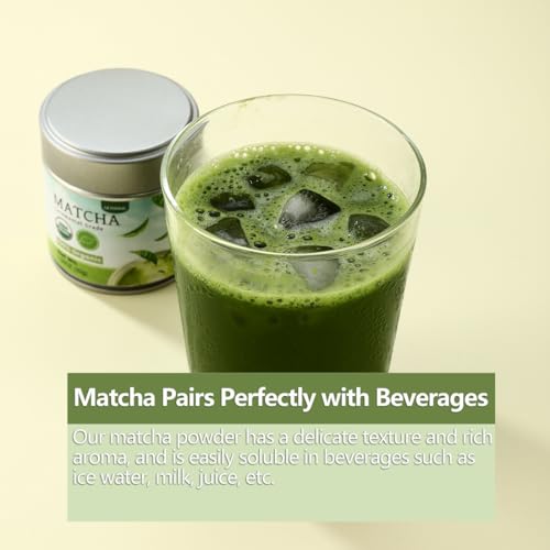 Ceremonial Grade Matcha Green Tea Powder, 1.06 Oz/30g, 100% Organic & No Additives & Gluten-Free Vegan.