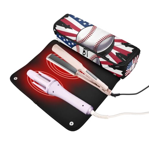 Bolsa organizadora de viaje 2 en 1 para plancha de pelo y rizadora con tapete resistente al calor impermeable, protector para planchas y secadores de pelo, diseño bandera americana para mujeres miniatura 2