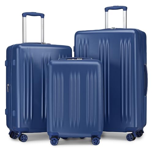 Image of Kono 3 Piece Expandable Luggage Set with Spinner Wheels Hardshell, Navy | 20 /24 /28inch Lightweight PC+ABS Suitcases Set TSA Locks, Carry On Luggage 22x14x9 Airline Approved Family Travel