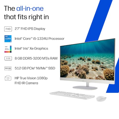 Image of HP All-in-One, 13th Gen Intel Core i5-1334U (8GB DDR4, 512GB SSD) IPS, Three-Sided, Micro-Edge, Anti-Glare, FHD, 27''(68.6cm), Win 11 Home, Office 24, 6.41kg, FHD IR Camera, 27-cr0425in