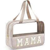 Sanwuta Seersucker Mama Bag Chenille Letter Clear Makeup Bag with Handle and Zipper Seersucker Stripe Preppy Women Cosmetic Pouch for Storage Travel Organizer(Khaki)