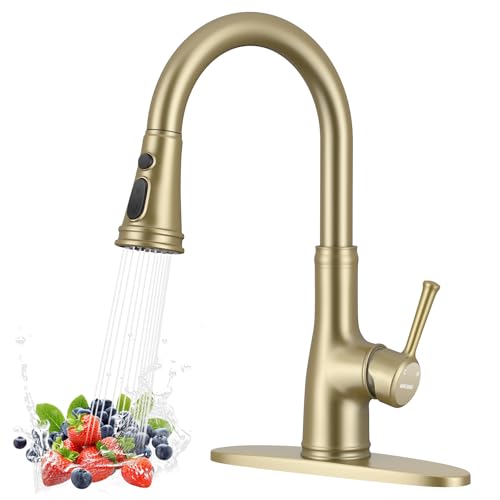 WEWE Vintage Kitchen Faucet with Pull Down Sprayer, Stainless Steel 1 or 3 Hole High Arc Single Handle Antique Sink Faucet for Classic Modern Ktichen, Gold Bar & Prep Sinks