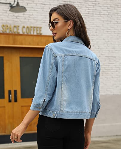 Scofeel Cropped Denim Jacket For Women 3/4 Sleeve Distressed Light Wash Jean Jacket Light Blue, Us Large #TOP1
