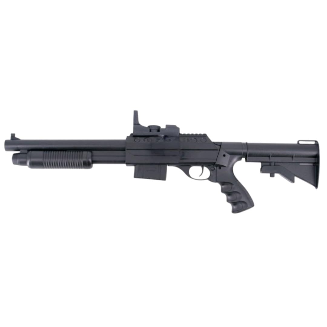 Softair Pumpgun 6 mm < 0,5 J - Federdruck Schrotflinte mit 100-Schuss Magazin, Spielzeug Airsoft Gewehr 67cm, ab 14 Jahren Erbsen Pistole schwarz manuell Einzelschuss