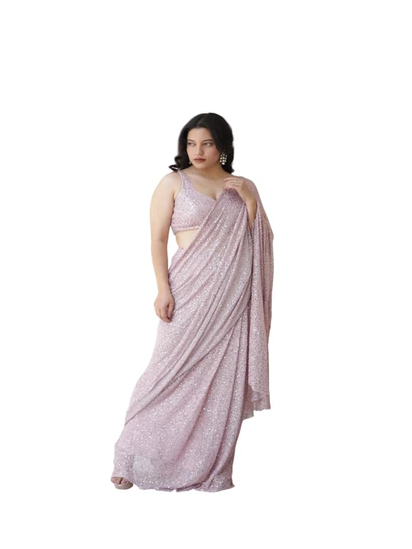 Khushi Chauhan Blush Rose Pink Indo Western Saree for Women with Cut Dana & Sequence Work-image-11