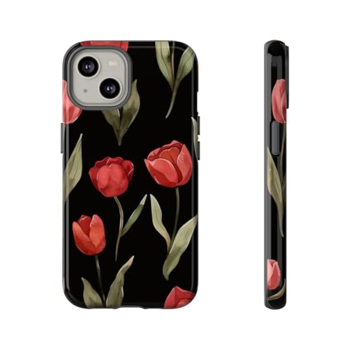 Coque rigide brillante iPhone 14 avec motif floral tulipe rouge premium