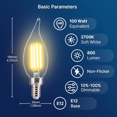 Image of FLSNT Candelabra LED Light Bulbs, CA11 LED E12 Chandelier Light Bulbs 100W Equivalent, 2700K Soft White, 800LM, 5.5W, CRI 82+, AC 120V, 6 Pack, Dimmable UL,CA65 Listed.