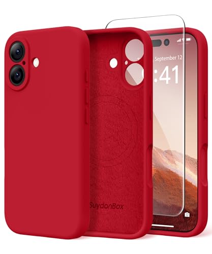 Image of Magnetic for iPhone 16 Case, Compatible with MagSafe, [Screen Protector + Full Camera Protection], Silicone Shockproof Anti-Scratch Protective Phone Case for iPhone 16 6.1 inch, Deep Red